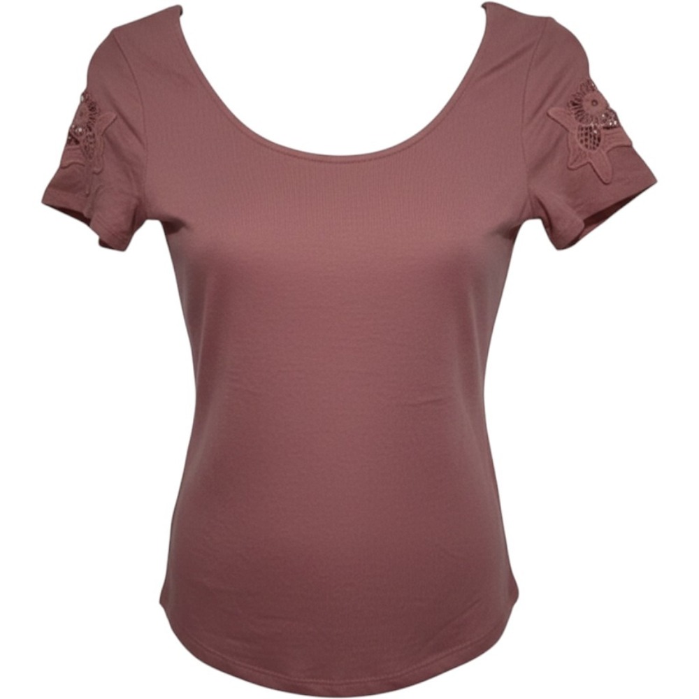 Mudd Women's Ash Rose Ribbed Lace Short Sleeve Scoop Neck T-Shirt Small NWT